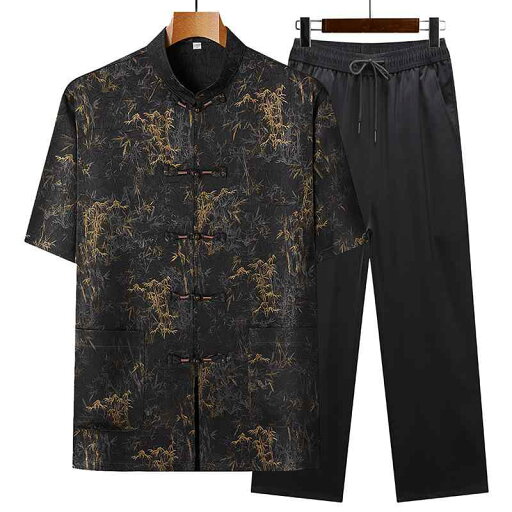 唐装 メンズ 中高年 シニア 夏物 半袖 セットアップ 上下セット 香雲紗 ポリエステル 接触冷感 中国風 ネオチャイナ カジュアル 普段着 リラックス カーキ レッド グリーン