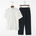 セットアップ メンズ シニア 男性 父親向け 夏 薄手 薄地 涼しい 通気性 麻 リネン 半袖 中華服 唐装 漢服 レトロ 中国風 上下セット カジュアル 普段...
