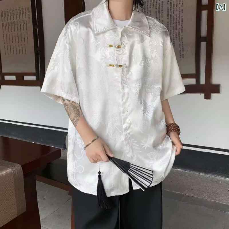 シャツ メンズ 中華風 チャイナ風 唐装 セットアップ 半袖 盤ボタン 開襟 ゆったり 大きいサイズ 接触冷感 ポリエステル 竹繊維 ノーアイロン 夏用 普段使い
