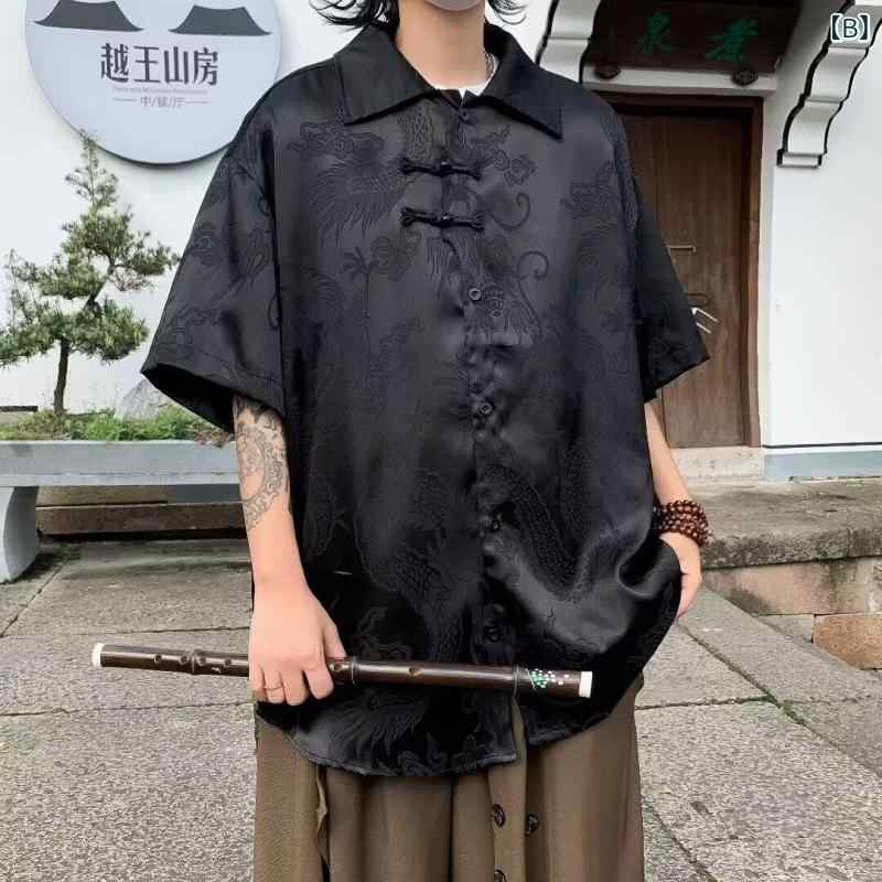 シャツ メンズ 中華風 チャイナ風 唐装 セットアップ 半袖 盤ボタン 開襟 ゆったり 大きいサイズ 接触冷感 ポリエステル 竹繊維 ノーアイロン 夏用 普段使い