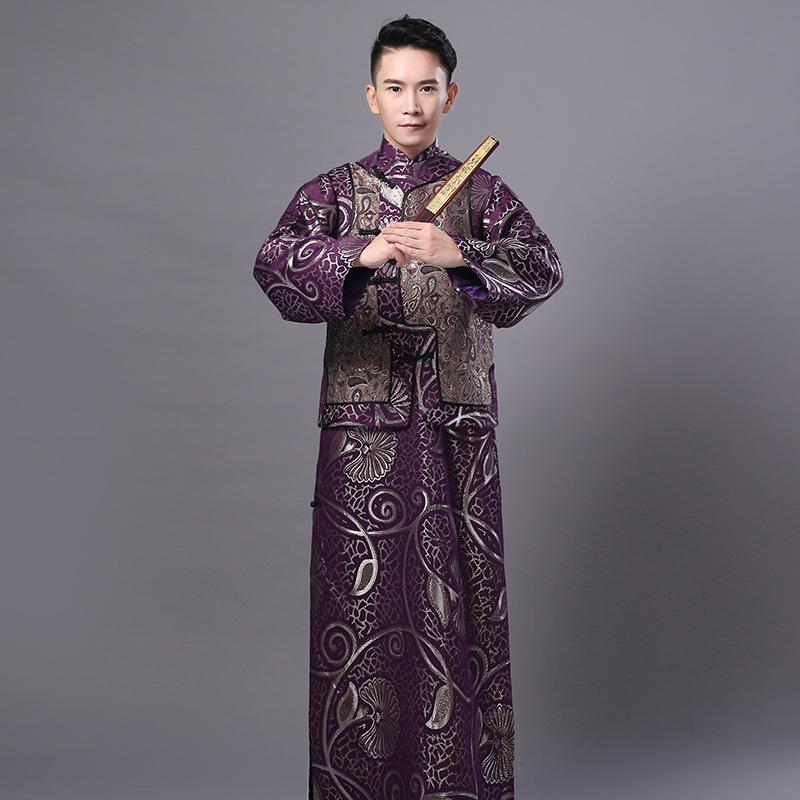 清朝衣装 男性用 時代衣装 少数民族 唐装 長褂 ロング丈 中国服 羽織り 王族 皇子 貴族 老爺役 伝統芸..