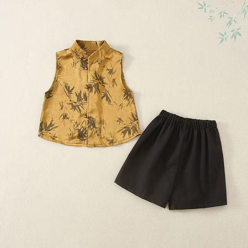 漢服 男の子 キッズ 子供服 夏服 唐装 中国伝統衣装 モダンチャイニーズ ベスト ショートパンツ 2点セ..