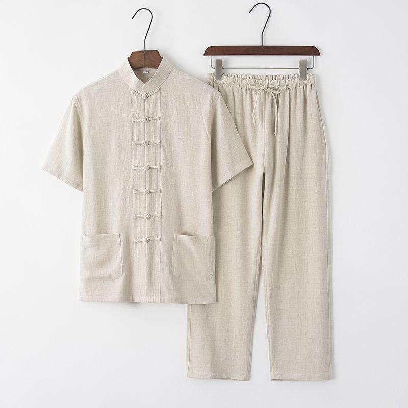 セットアップ メンズ 中高年 男性用 中国風 唐装風 半袖シャツ ロングパンツ 綿麻 コットン リネン 夏用 カジュアル 普段着
