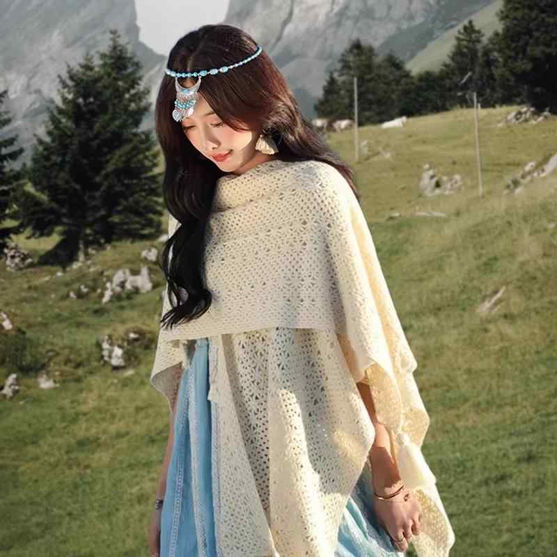 ショール レディース ストール ケープ 羽織り ロング丈 綿 ニット 透かし編み 無地 フリンジ エスニック 民族風 カジュアル おしゃれ ファッションアクセント ホワイト レッド