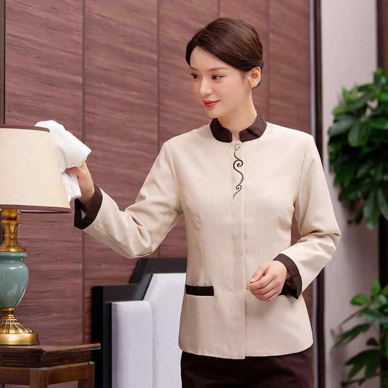 ワークユニフォーム レディース ホテル 清掃員 旅館 ゲストハウス 施設 サービス制服 勤務服 長袖 吸湿速乾 綿ポリエステル麻混紡 秋冬用 グレー ベージュ