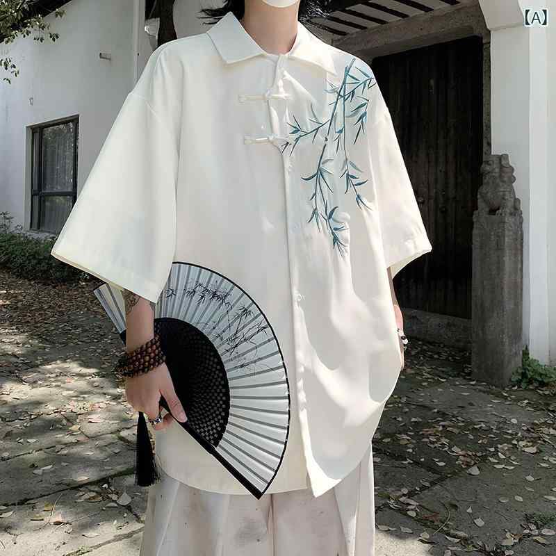 シャツ メンズ 新チャイナ風 半袖 接触冷感 竹刺繍 盤扣 デザイン ゆったり リラックスフィット 薄手 軽量 ポリエステル素材 カジュアルウェア 夏物