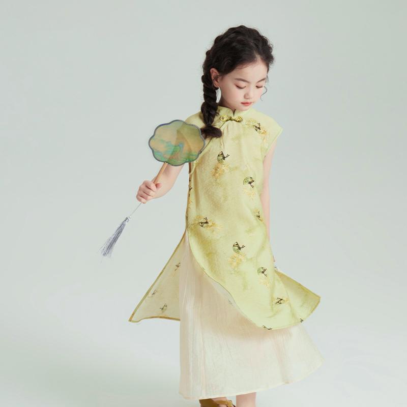 ワンピース 女の子 キッズ 2点セット セットアップ 中華風 チャイナドレス風 レトロ ノースリーブ アシ..