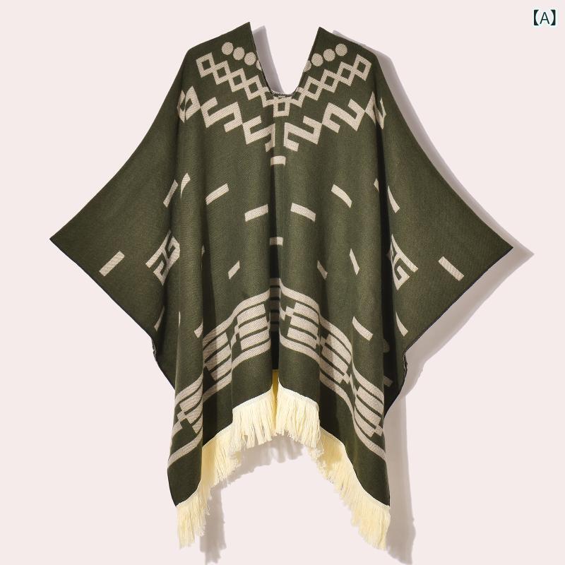 ケープ 男女兼用 ユニセックス ウェスタン カウボーイ フリンジ プルオーバー 大判 フェイクカシミヤ 防寒 保温 旅行 撮影 アウトドア レトロ エスニック ビッグ ポンチョ ショール ストール マント 羽織り 普段使い