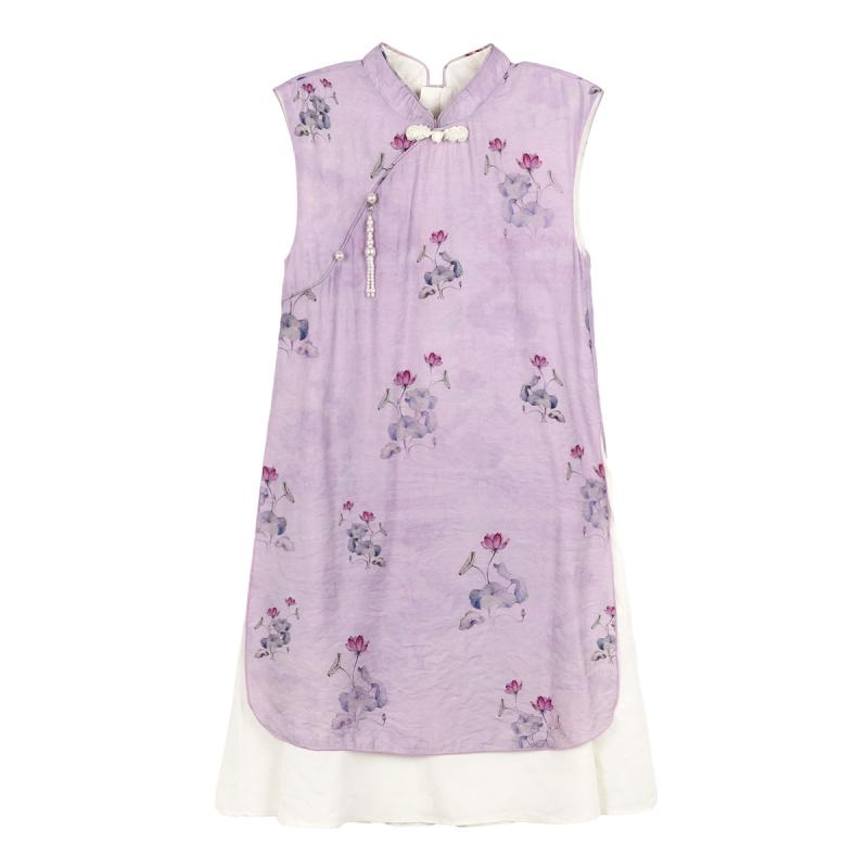 ワンピース 女の子 子供用 キッズ 旗袍風 漢服風 唐装風 エスニック 民族衣装 ドレス 夏物 薄手 ポリエ..