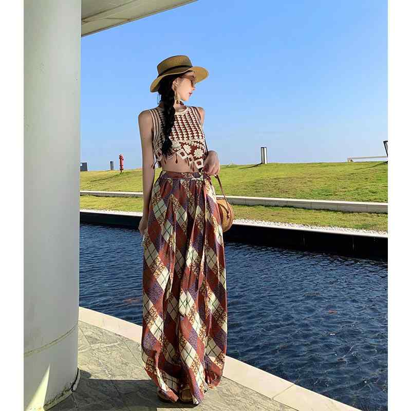 セットアップ レディース 日韓風 リゾートカジュアル フリンジ ノースリーブ ショート丈 ニットトップス と グリーン チェック柄 ハイウエスト ウエストゴム ワイドパンツ 長ズボン ポリエステル