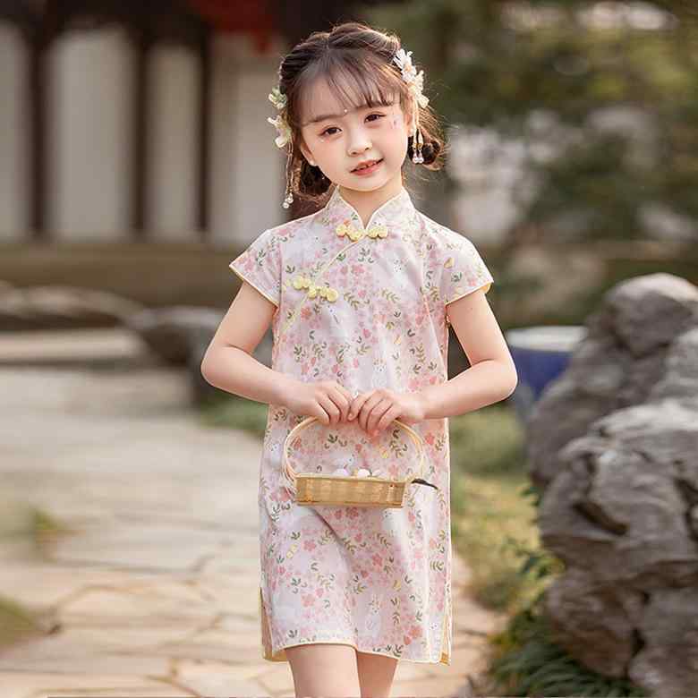 旗袍 女の子 キッズ 半袖 中国風 中華風 レトロ ワンピース 漢服 綿 コットン 花柄 フラワー 夏用 薄手..
