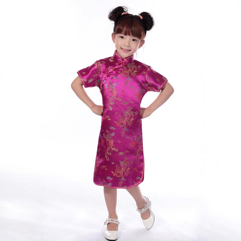旗袍 キッズ 女の子 子供用 春夏秋 唐装 ドレス 民族衣装 半袖 柞蚕シルク 錦織 龍鳳柄 梅竹柄 発表会 ..