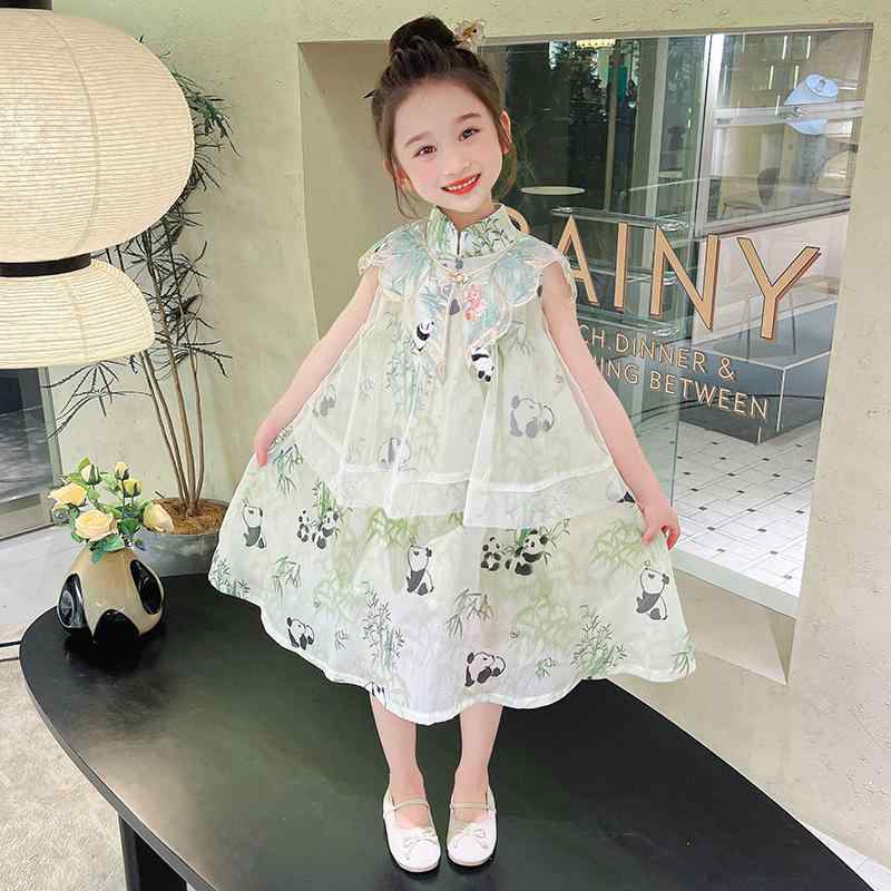ワンピース キッズ 女の子 子供服 パンダ柄 漢服 新中華風 中国風 カジュアルスタイル 夏服 夏物 綿 コットン 肌触り 柔らかい ノースリーブ フレアスカート お出かけ着 かわいい 小学生 ジュニア