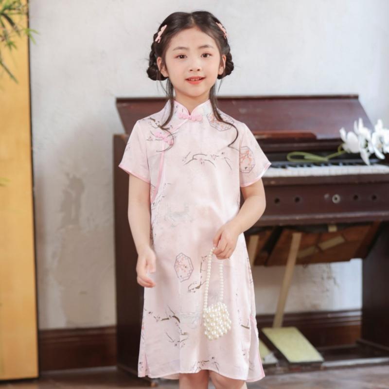 キッズ 女の子 チャイナドレス ワンピース 夏用 薄手 中国風 新中式スタイル 復古 レトロ 唐装 盤扣 フ..