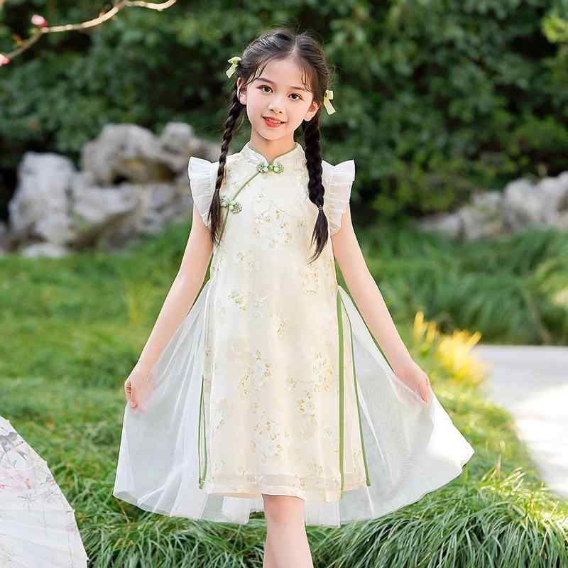ワンピース 女の子 キッズ 新中式 中国風 漢服 民族衣装 旗袍 チャイナドレス 改良 薄手 花柄 チュール..