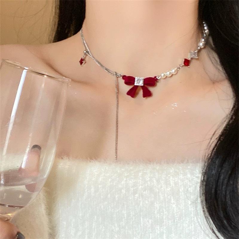 ネックレス レディース 女性用 珍珠 パール リボン 蝶結び ファー 起毛素材 チョーカー 鎖骨ネックレス..