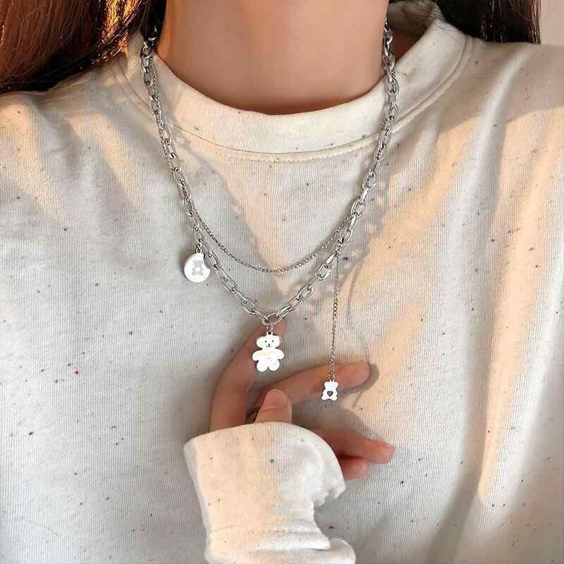 ネックレス レディース 二重 ベアペンダント クマモチーフ チタン鋼 ハート 鎖骨ネックレス チョーカー 重ね付け レイヤード ストリートファッション ヒップホップ クール スタイリッシュ インスタ映え カジュアル デイリー 普段使い