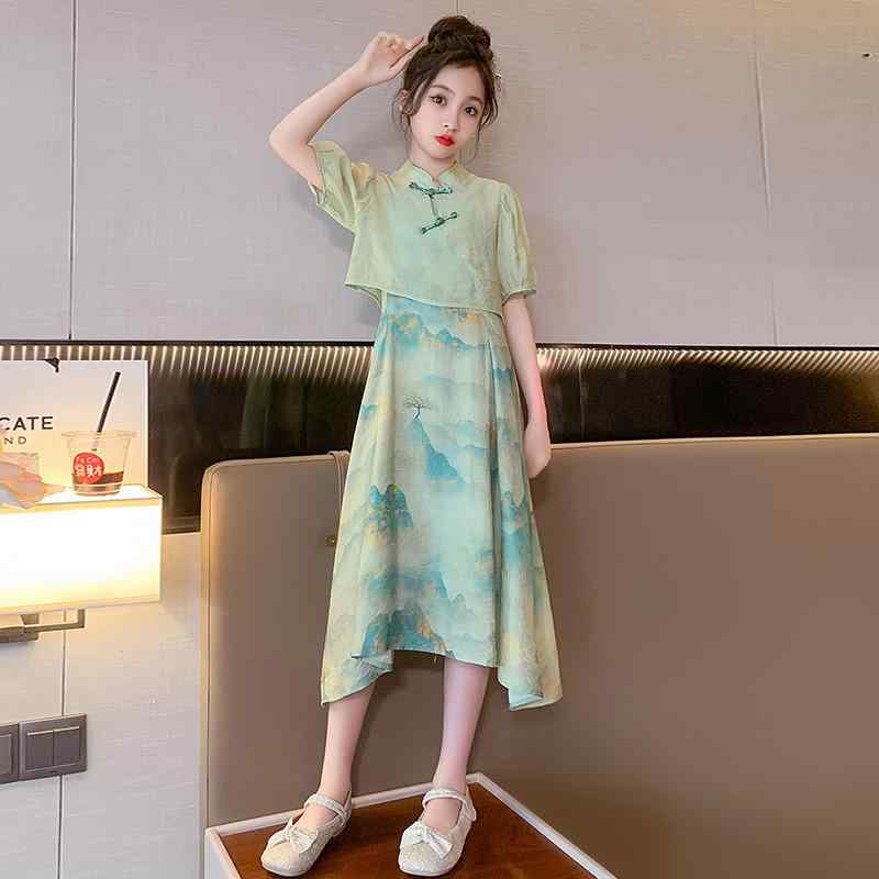 ワンピース キッズ 女の子 女児 チャイナドレス チャイナ服 夏用 薄手 半袖 Aラインスカート 新中華風デザイン ナイロン素材 おしゃれ 上品 かわいい 普段使い お出かけ