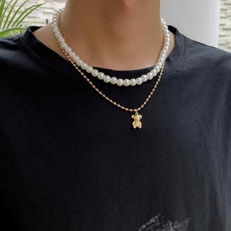 ネックレス メンズ 男性用 パール 真珠 くま ベアモチーフ 個性的なデザイン ユニーク ヒップホップ ストリート カジュアルスタイル シンプル 万能 合わせやすい 鎖骨ネックレス チョーカー 首飾り 多層 重ね付け 動物ペンダント 合金 ビーズ 欧米風