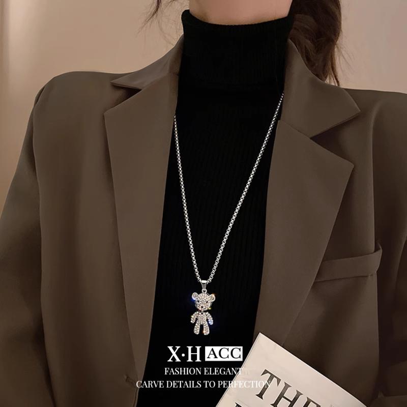 ネックレス レディース クマ ベア ラインストーン レトロ 韓国系 ライトラグジュアリー キャラクターモチーフ デザイン性 鎖骨ネックレス 万能 普段使い トレンド 個性派 銅合金 メッキ O字チェーン
