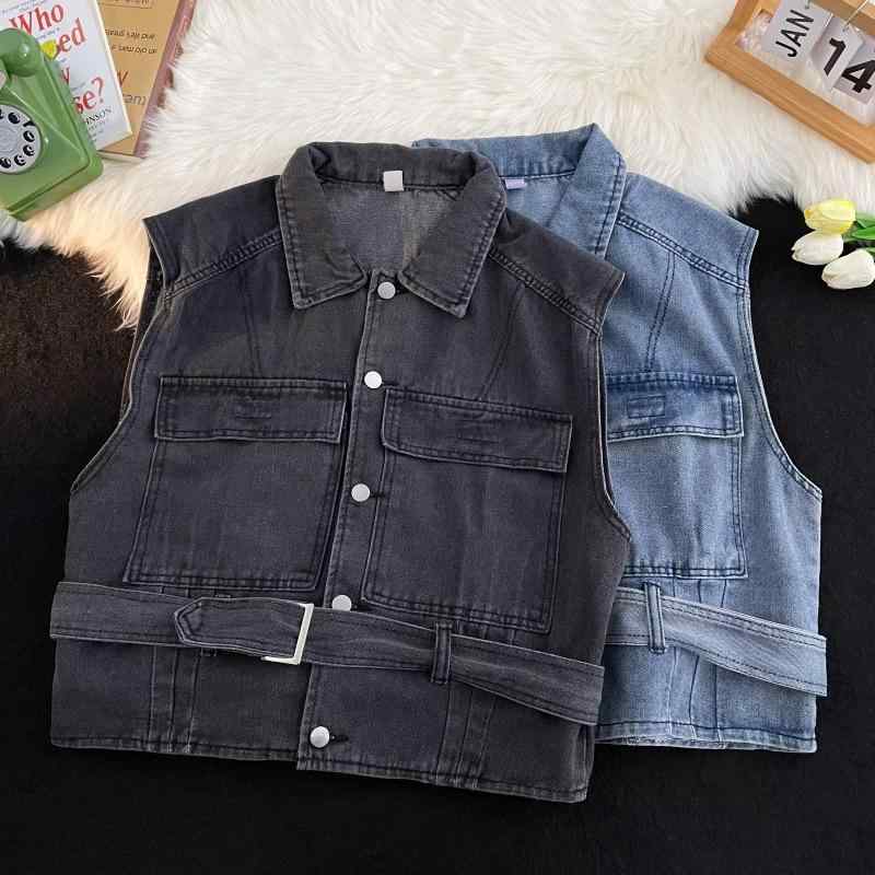ベスト メンズ デニム ワーク ジレ 襟付き ショート丈 前開き シングルボタン 無地 カジュアル 春夏秋 着回し 羽織り トップス 綿 ポリエステル混紡 ストレートシルエット 普段使い