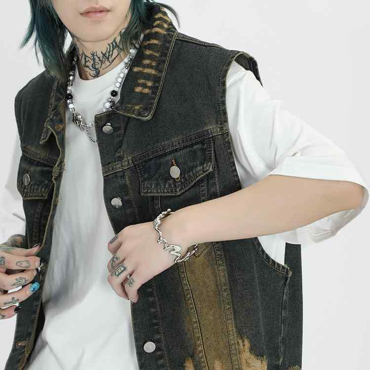 ベスト メンズ デニム ジレ ウォッシュ加工 ユーズド加工 レトロデザイン ショート丈 ゆったり ルーズ..