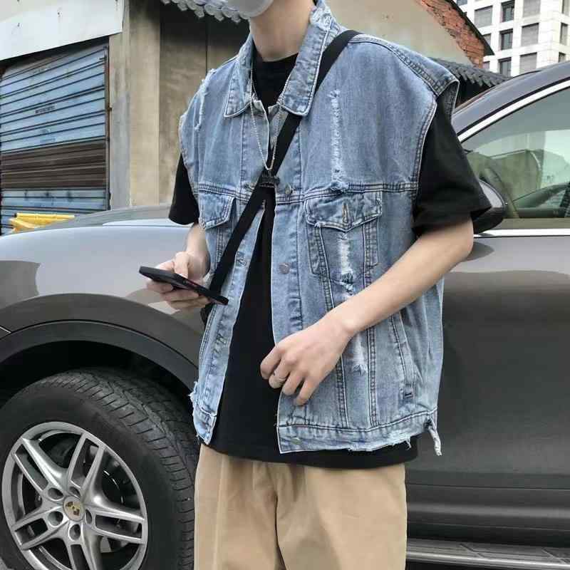 ベスト メンズ デニム ジレ 春夏物 大きいサイズ ゆったり ルーズフィット 襟付き 綿素材 カジュアルス..