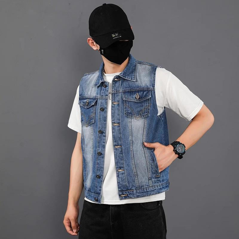 デニムベスト メンズ スリムフィット ジレ 前開き シングルボタン 襟付き コットン素材 韓国ファッショ..