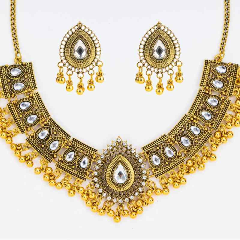 アクセサリー レディース 欧米テイスト レトロ アンティーク調 個性的 エスニック ドロップ型 ストーン 鈴 ピアス ネパール風 ラインストーン 丸玉 ネックレス セット 普段使い カジュアル 亜鉛合金製 メッキ加工 幾何学デザイン