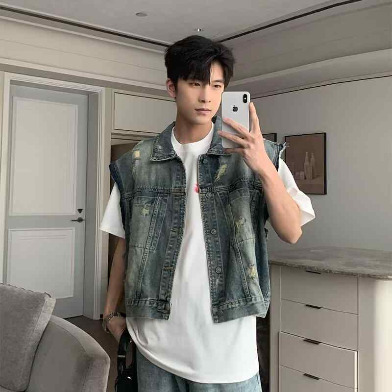 ベスト メンズ デニム ジレ アウター ノースリーブ トップス ライダース風 ストリート ファッション カ..