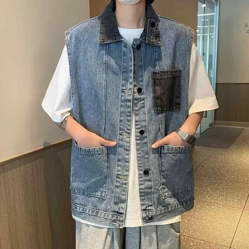デニムベスト メンズ 男性用 アメリカン レトロ ヴィンテージ 高級感 ワークスタイル クール カジュアル 秋 カップル ペア 着回し 多用途 ジレ ノースリーブジャケット ゆったり 襟付き 薄手 無地 普段使い ポリエステル(4)