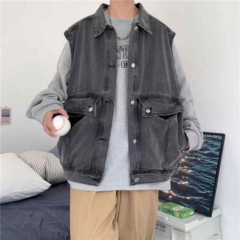 デニムベスト メンズ 男性用 デニムジレ ゆったり ビッグシルエット 襟付き フロントオープン ボタンデ..