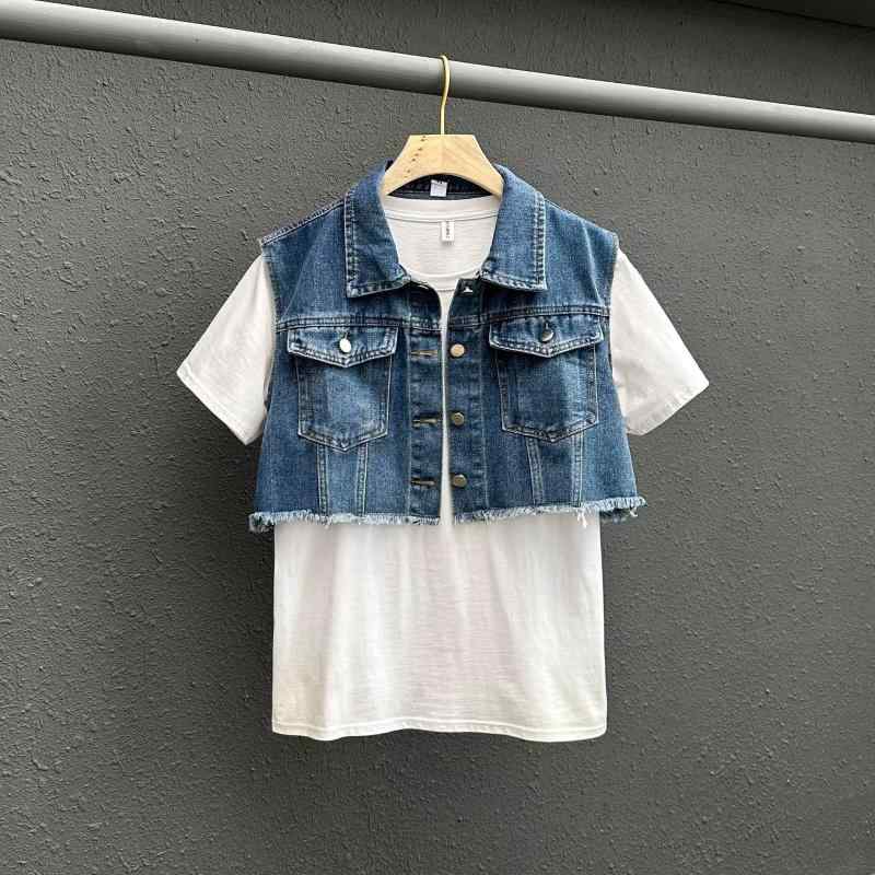 デニムベスト メンズ レトロ ストリート デザインパッチワーク ショート丈 ノースリーブ ルーズフィット 襟付き 薄手 ポリエステル 普段使い カジュアル