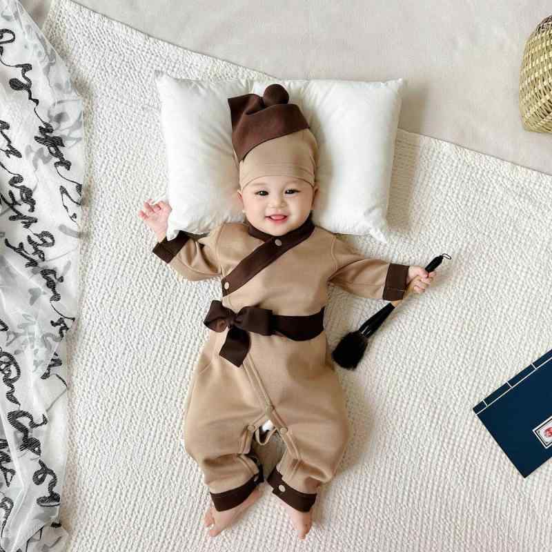 ロンパース ベビー 漢服 中国風 斜め襟 和尚服 書童 長袖 カバーオール 綿 厚手 春 秋 撮影衣装 記念写..