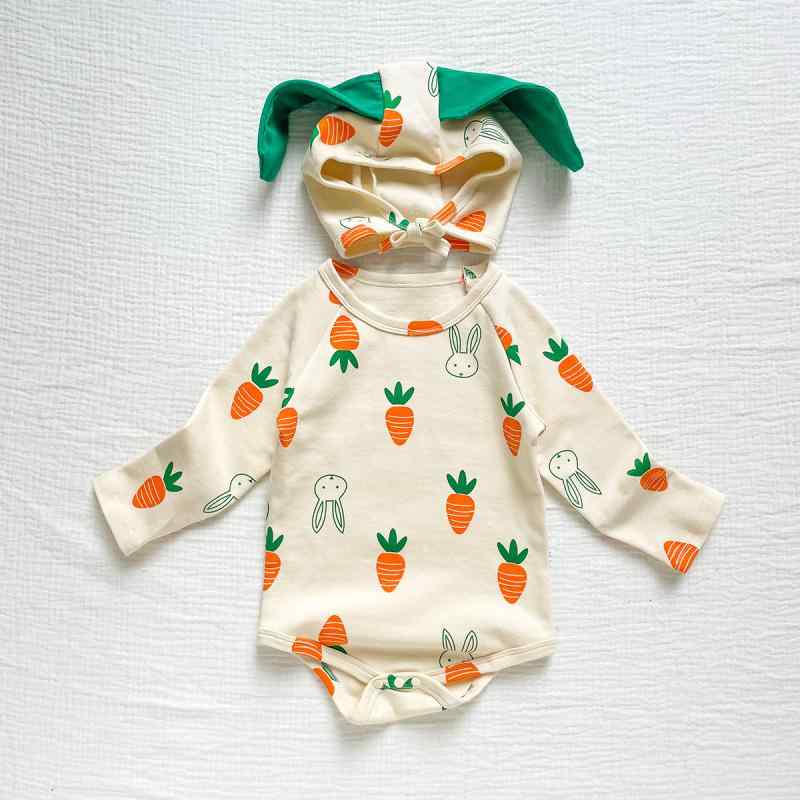 カバーオール ベビー 赤ちゃん 男の子 女の子 男女兼用 長袖 フード付き かわいい ニンジン うさぎ モ..