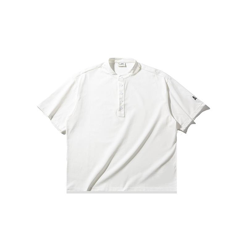 Tシャツ 男性用 ヘンリーネック 半袖 ゆったり ルーズフィット 夏物 レトロ カジュアル シンプル 無地 普段使い 綿混紡 コットン 白 ネイビー 紺