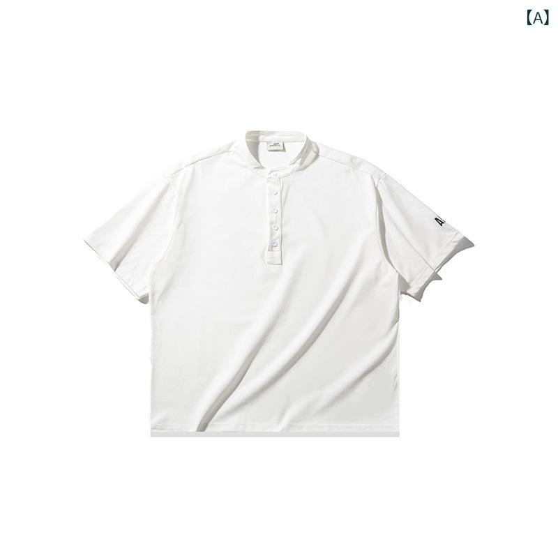 Tシャツ 男性用 ヘンリーネック 半袖 ゆったり ルーズフィット 夏物 レトロ カジュアル シンプル 無地 普段使い 綿混紡 コットン 白 ネイビー 紺