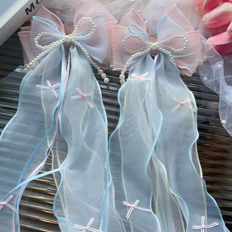 ヘアクリップ キッズ 女の子 幼児 小学生 韓国風 上品 かわいい パール レース 蝶々結び ロングリボン ..