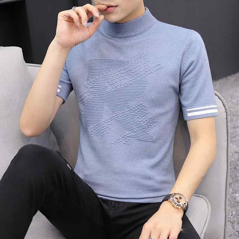 ニット メンズ 半袖 プルオーバー ハーフハイネック ビッグシルエット 春秋 韓国風 トレンド カジュアル ストリート 若者向け 普段使い ラビットファー ホワイト ブラック キャメル スモーキーブルー