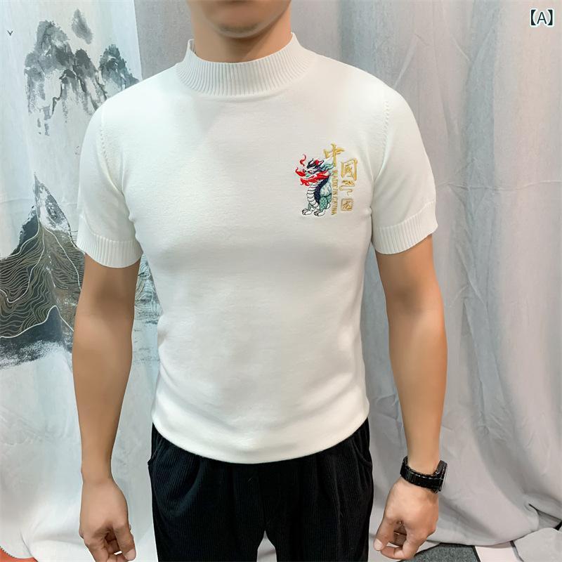 セーター メンズ 半袖 ニット トップス 男性用 中国風 辰年 赤色 刺繍 冬物 厚手 スリムフィット ハー..