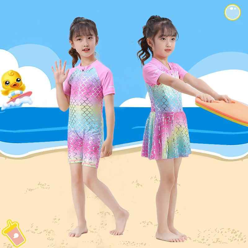 水着 女の子 小学生 女児 ジュニア 長袖 ワンピース水着 人魚 マーメイドデザイン UVカット 日焼け対策 ビーチ プール 海水浴 水遊び 高伸縮性 かわいい 魚の鱗柄 スカート付き ショートパンツ一体型 ポリエステル スパンデックス