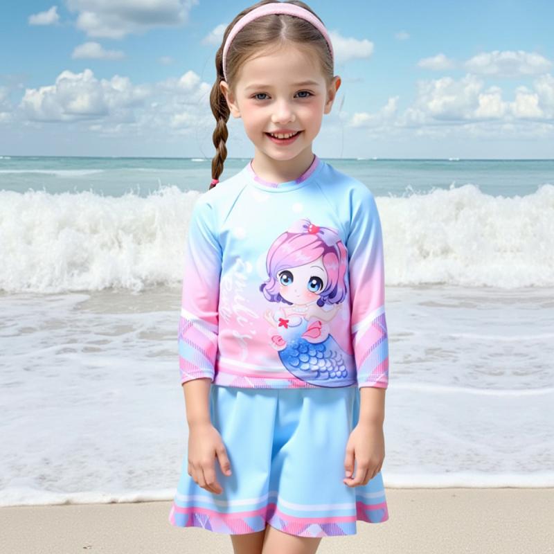 水着 キッズ 女の子 セパレート 長袖 ロングスリーブ 人魚柄 ショートスカート UV対策 日焼け防止 速乾 伸縮性 かわいい カジュアル プール ビーチ 水遊び スカイブルー ポリエステル