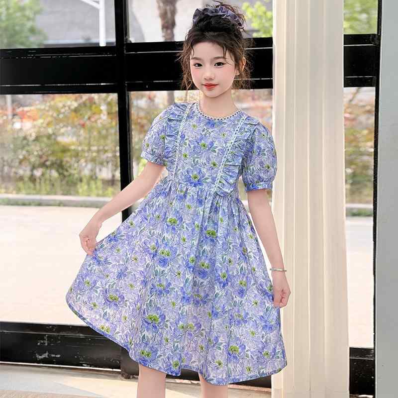 ワンピース 女の子 女児 キッズ ジュニア プリンセスドレス 半袖 パフスリーブ 小花柄 フリル レース Aライン コットン 綿 柔らかい 肌触り ソフト カジュアルスタイル 普段使い お出かけ 夏服