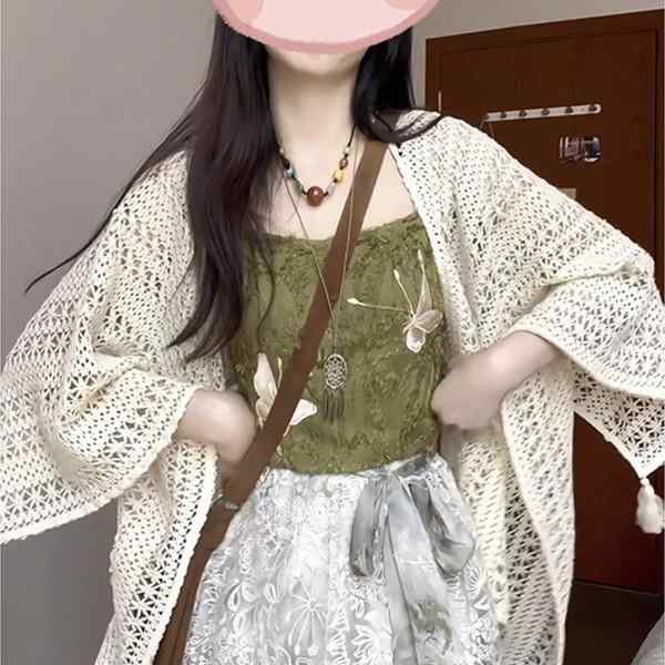 カーディガン レディース 新チャイニーズスタイル フリンジ 透かし編み ショール ポンチョ カバーアッ..