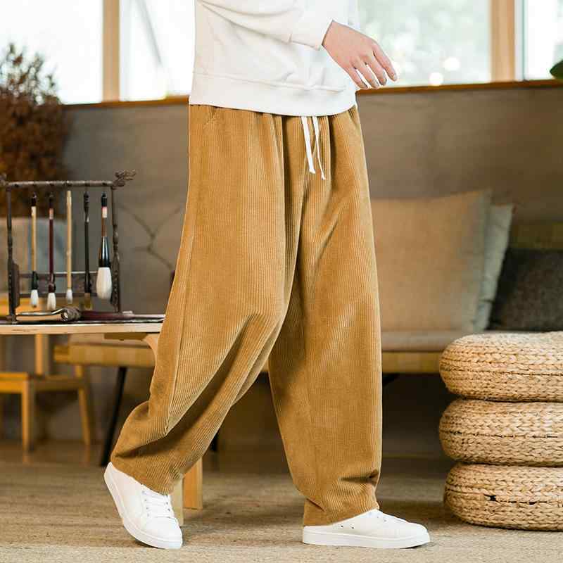 Shoe-Cut Pants - パンツ メンズ 大きいサイズ ゆったり 中国風 レトロ サルエルパンツ ストレートシルエット ミドルウエスト コーデュロイ 微ストレッチ カジュアル 普段使い