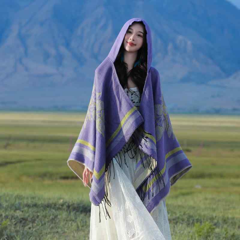 ポンチョ レディース フード付き ケープ ショール エスニック柄 民族風 レトロ 厚手 保温 暖かい 防寒 ..