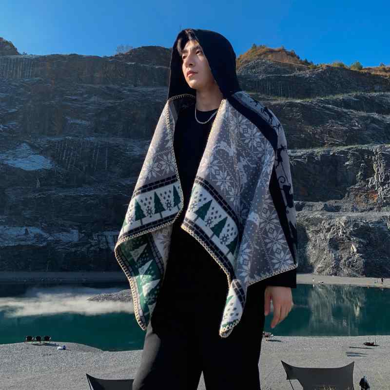 ポンチョ ケープ 男女兼用 フード付き レトロ カジュアル 着回し クリスマス柄 花柄 パッチワーク 民族風 厚手 保温 防寒 旅行 お出かけ アクリル 人工ウール