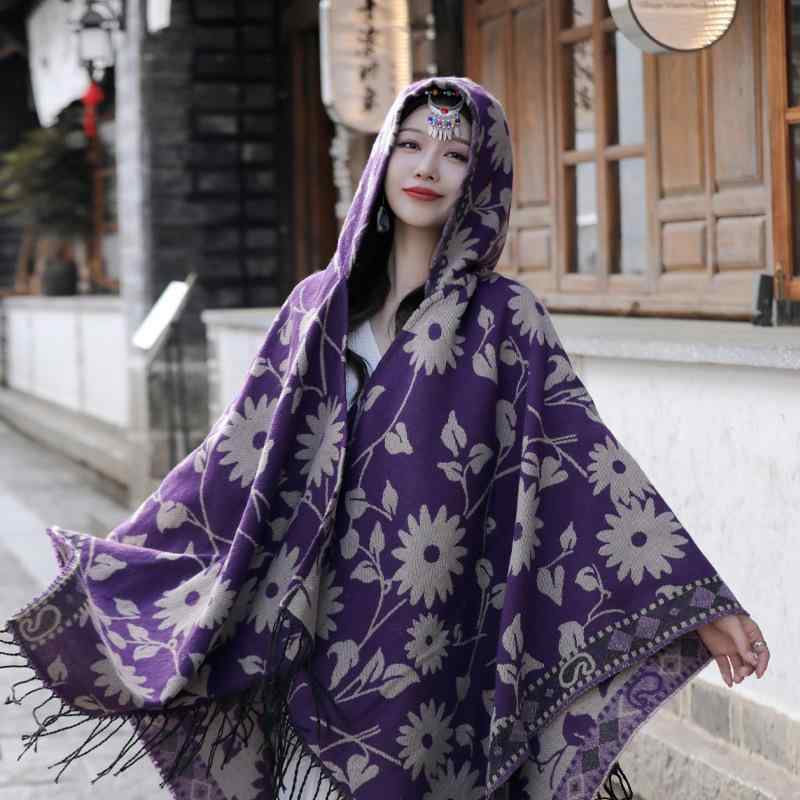 ポンチョ レディース 秋冬 厚手 フード付き ケープ 民族風 エスニック ショール フェイクカシミヤ 保温..