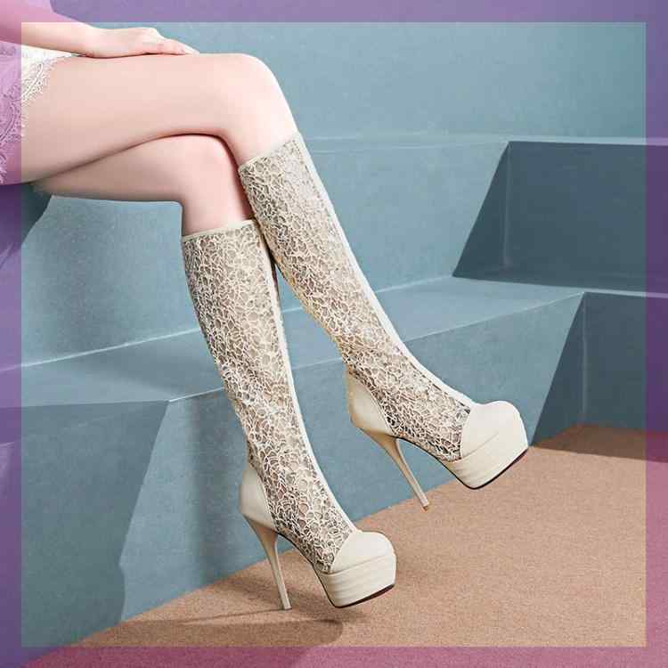 ブーツ レディース 女性用 メッシュ シースルー サマーブーツ ニーハイ ピンヒール 超高ヒール プラットフォーム 厚底 スエード調 パーティー ナイトアウト エレガント