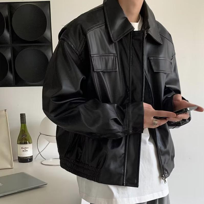 レザージャケット ユニセックス 男女兼用 アメリカンヴィンテージ ライダース風 PUレザー 合成皮革 ショート丈 短丈 ゆったり ルーズフィット 開襟 ジップアップ アウター ブラック グリーン 秋冬 カジュアル ストリートファッション